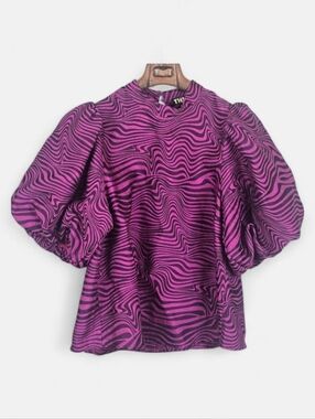 Anthropologie THML Dramatic Puff Sleeve Swirl Print Blouse Barbiecore Top Sz.L